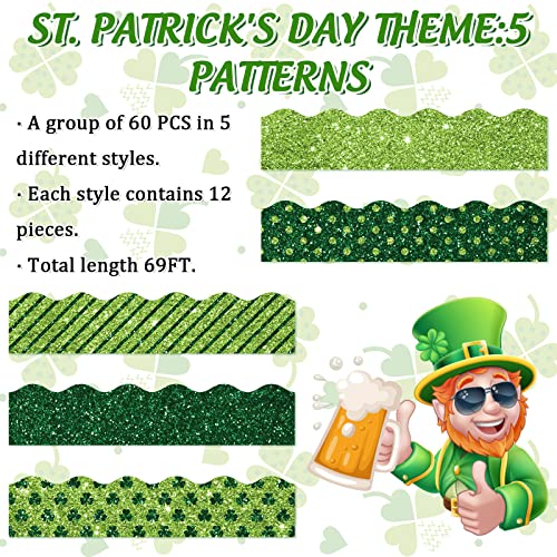 Image of Whaline 69 Ft St. Patrick's Day Glitter Bulletin Board Borders 5 Designs Shine Green Shamrock Clover Stripe Dot Border Trim Bulletin Board Stickers for Classroom Office Irish Party Decor