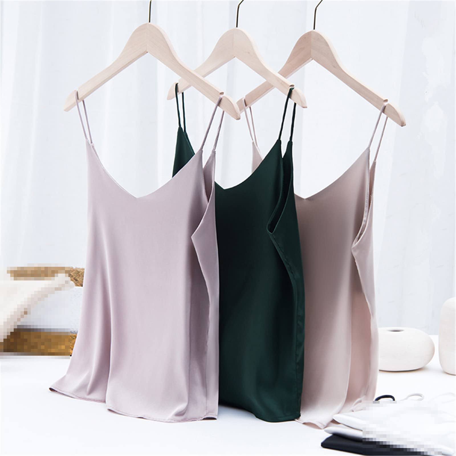 Camis de seda coreana Tops Mujeres V-cuello satén chaleco Tops mujeres sin mangas seda blanco Tops Sexy satén Halter Top ropa, champán, XL