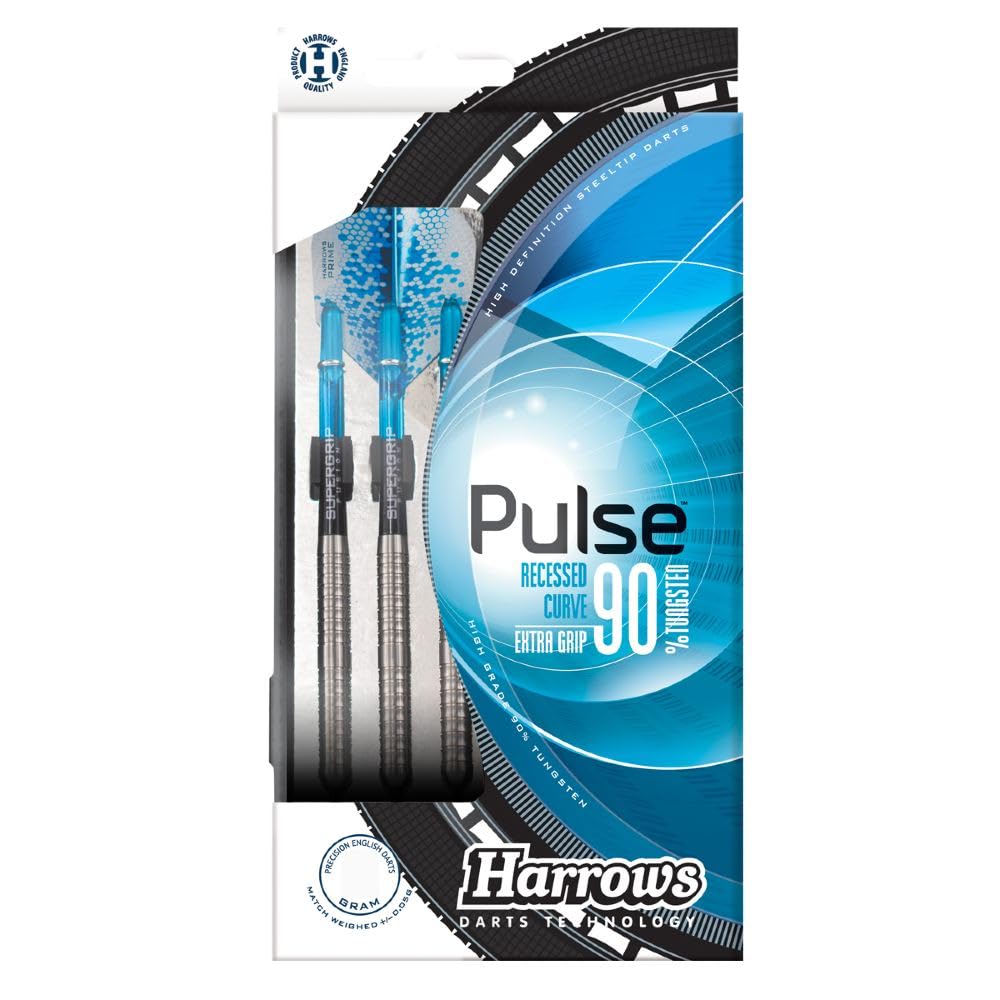 Harrows Pulse Dardos de Tungsteno al 90% | Juego de Dardos con Punta de Acero y Estuche de Transporte | 21 g, 22 g, 23 g, 24 g, 25 g y 26 g | Incluye Ejes Supergrip Fusion y Plumas de 100 Micras
