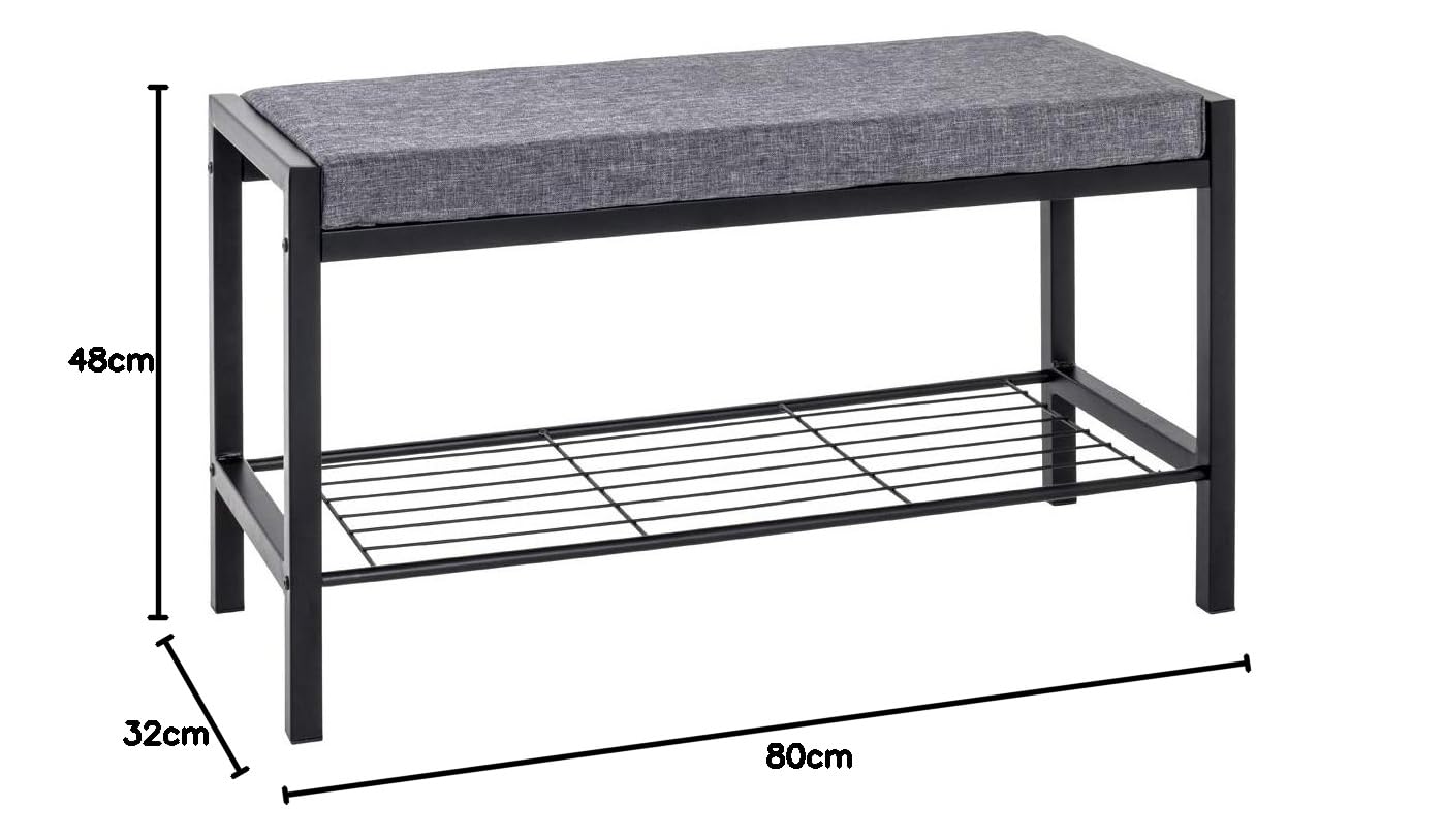 HAKU Banco Zapatero Acolchado Gris Negro Metal Zapatero con Acolchado Asiento Tejido Textil - Medidas An 80 cm x Al 48 cm x Pr 32 cm Estilo Moderno