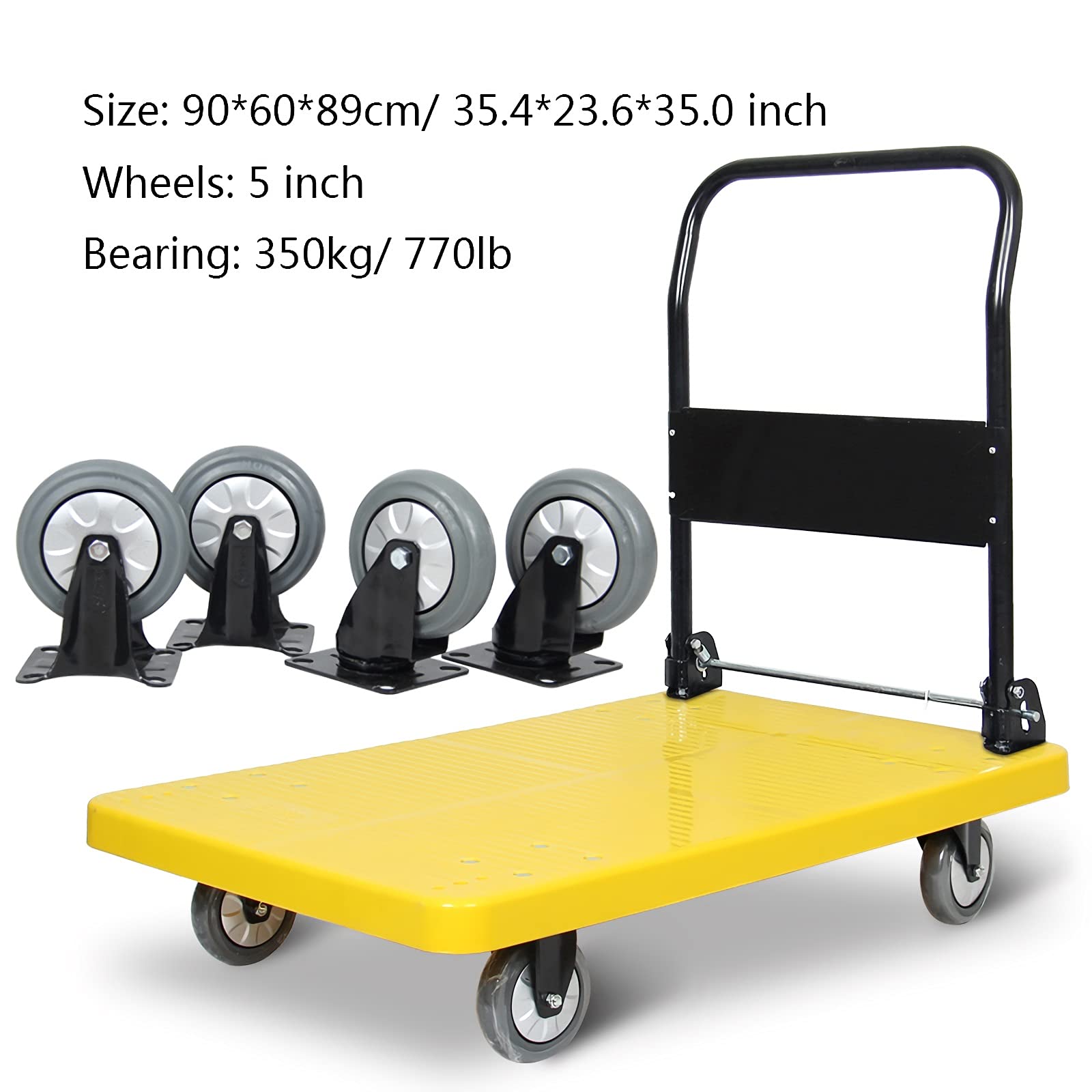 VDQUUACI Push Cart Dolly Plastic Deck Hand Truck Moving Platform Cart with Metal Foldable Handle Silent Wheels for Office Bookstore High Capacity Trolley Platform Truck,One Color-Yellowlarg
