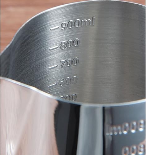 Miniatura 4 de Jarra de espuma de leche de acero inoxidable, jarra de leche de metal con escala de medición para capuchino espresso cafetera arte (12 onzas)