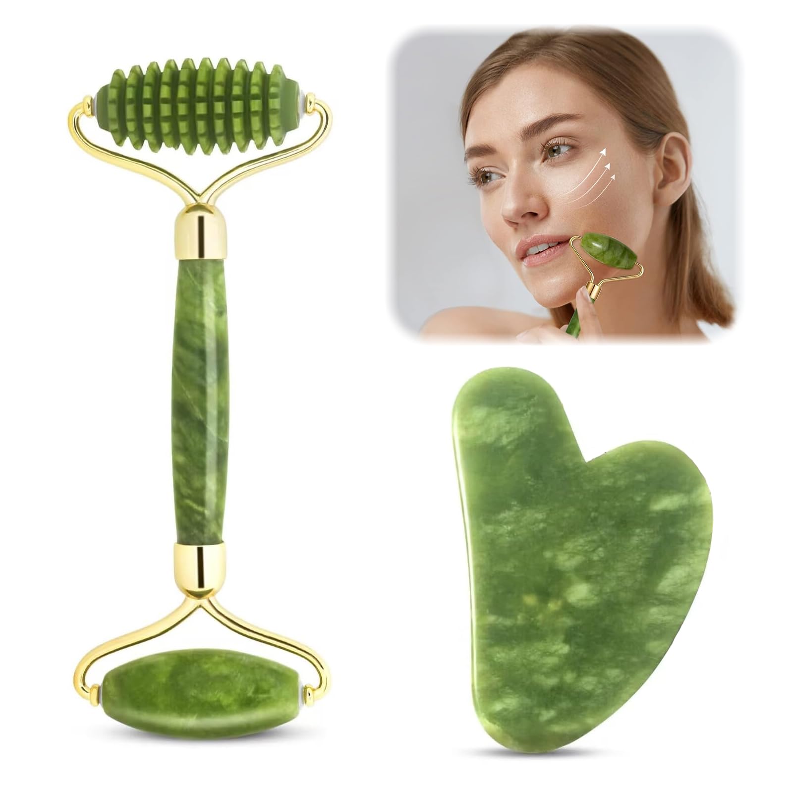 GUOYOU 2 Piezas Tablero Gua Sha Jade, Rodillo Masajeador Facial, Gua Sha y Rodillo De Jade Tool, Masajeador Facial y De Cuello, Guasha para el Masaje Facial para Ojos, Cara, Cuello