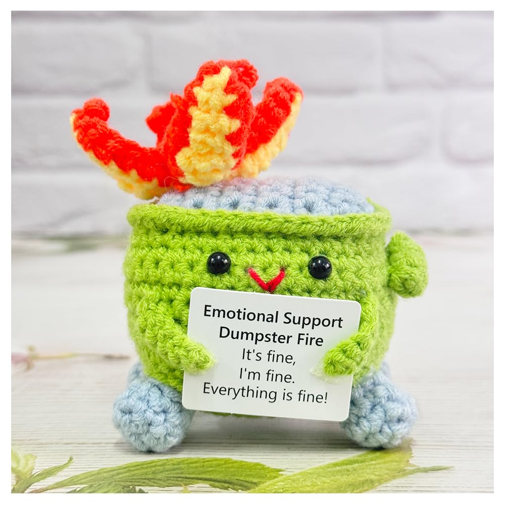 Emotional Support Crochet Dumpster Fire with Positive Card Cute Room Decor Knitted Toys Funny Crochet Support Buddies Gifts for Friends (Grass Green)-image-2