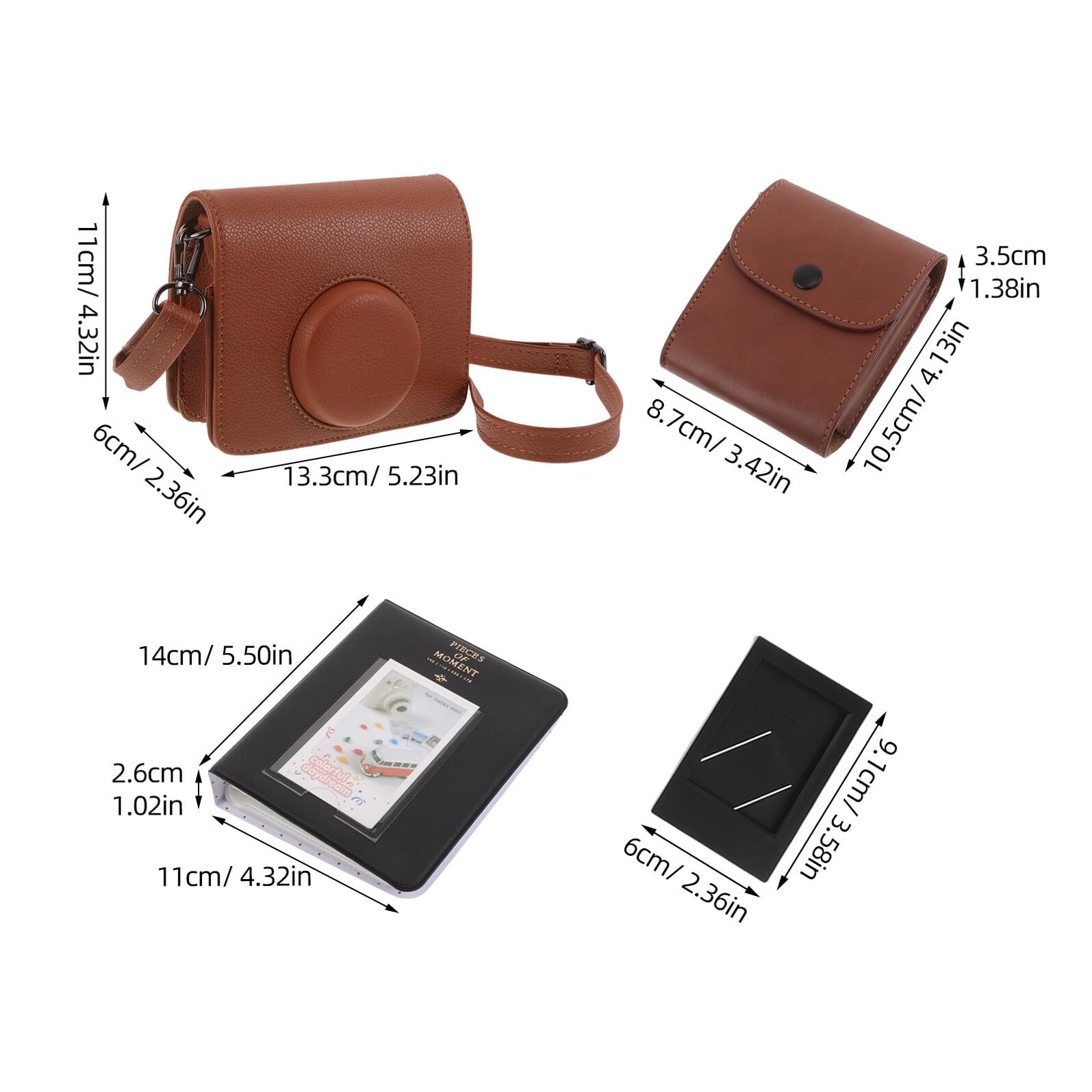 Set Custodia Protettiva per Fotocamera Istantanea Mini in PU Marrone con Tracolla Regolabile Pellicola in Vetro Temperato e Album Fotografico per Stampa Istantanea Borsa