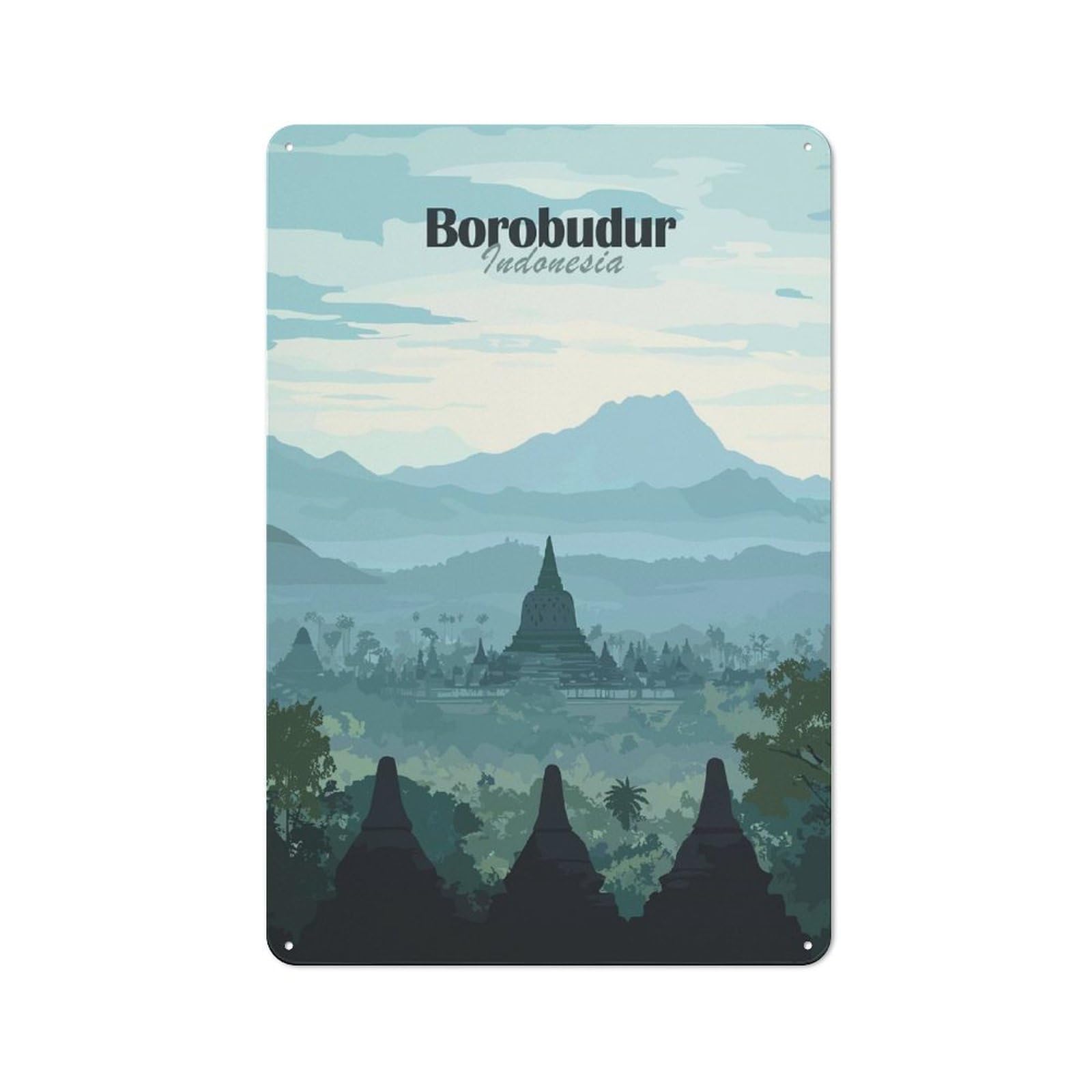 Junmoney Style Vintage Tin Sign 30X20cm With Borobudur Temple, Indonesia For Kitchen Or Home Bar, Suited To Home Bar Enthusiasts