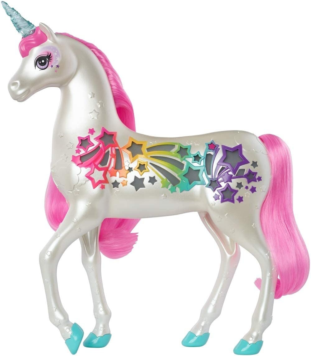 Barbie Dreamtopia Jednorożec Magiczne Włosy ze światełkami i dźwiękami, biały z różową grzywą i ogonem, wspaniały prezent dla dzieci w wieku 3–7 lat, GFH60
