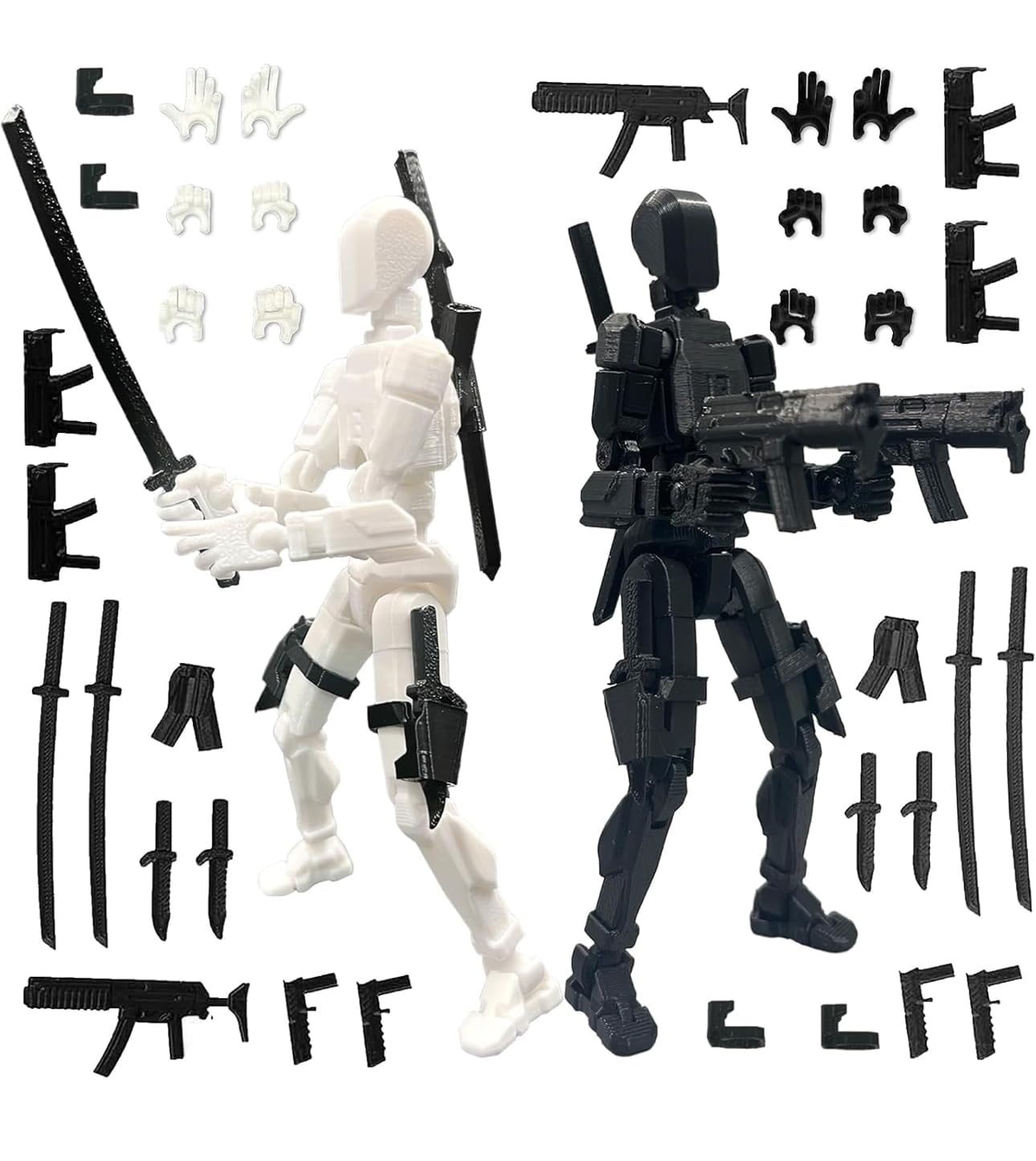 ONNGEO 2 Pack Action Figures Titan 13, 3D Printed Multi-Joint Movable Robot with Weapons and Accessories, Desk Decoration (White Black)-image-14