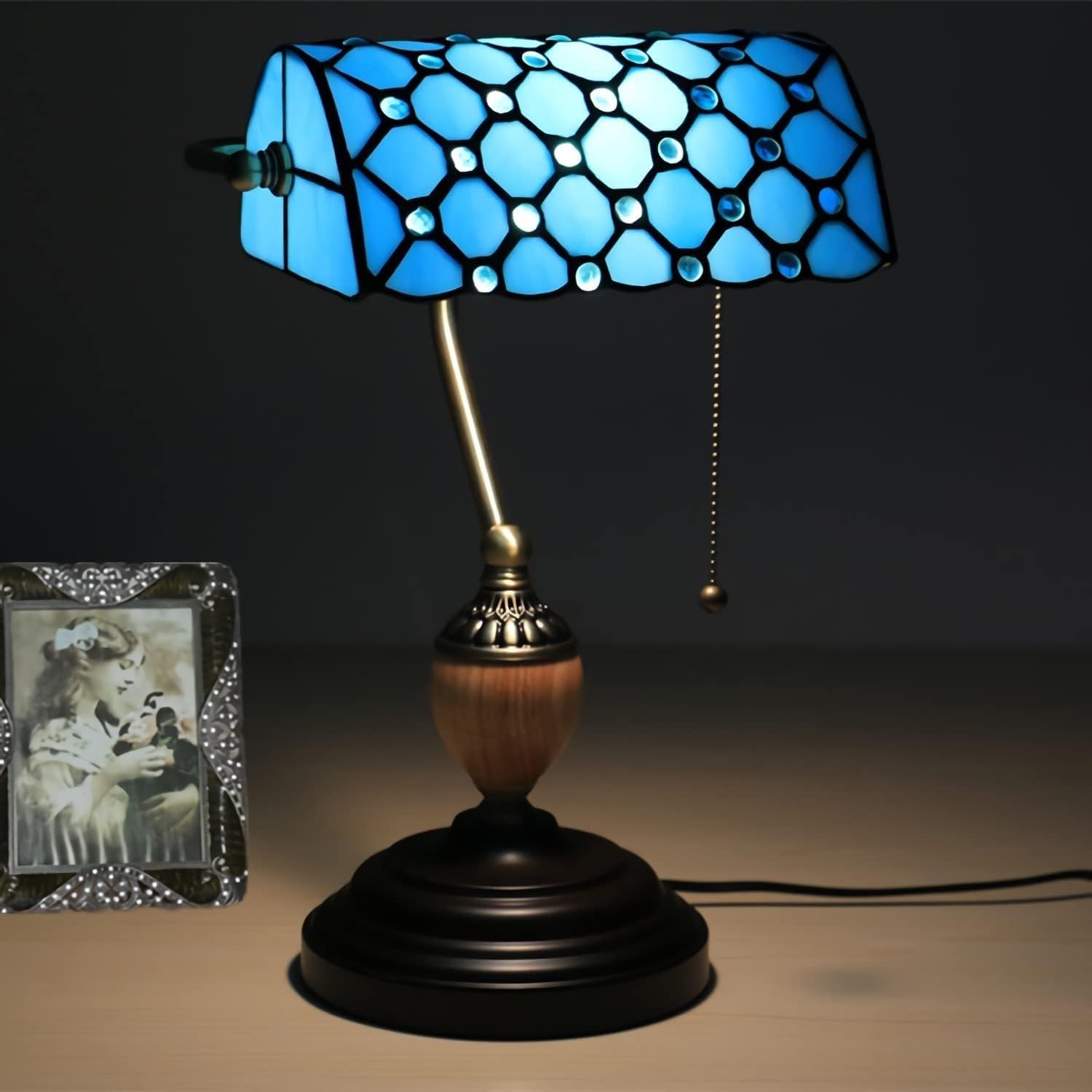 Table Lamp Vintage Stained Glass Desk with Alloy Base Antique Crystal(Blue)