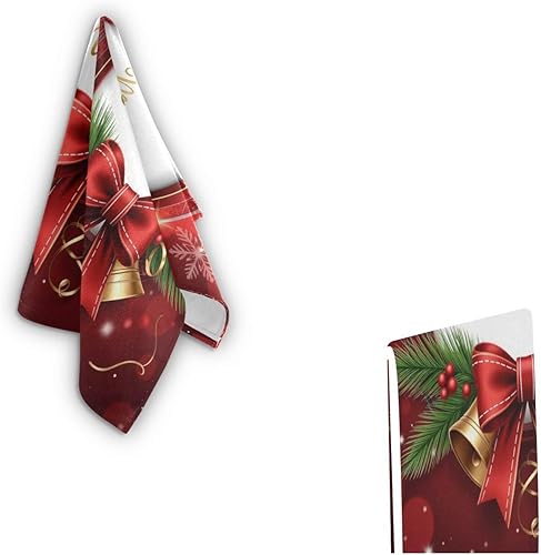 Miniatura 8 de Pfrewn Juego de 2 toallas de mano con moño, diseño de campanas de Navidad, copos de nieve rojos, con purpurina dorada, 16 x 30 pulgadas, suaves,