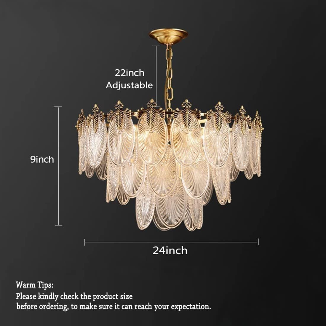 Modern Gold Crystal Chandelier 24'' Vintage Pendant Lighting with Glass Leaf Drum 8-Light Round French Raindrop Ceiling Light Fixture for Living Room Dining Room Bedroom Entryway Foyer