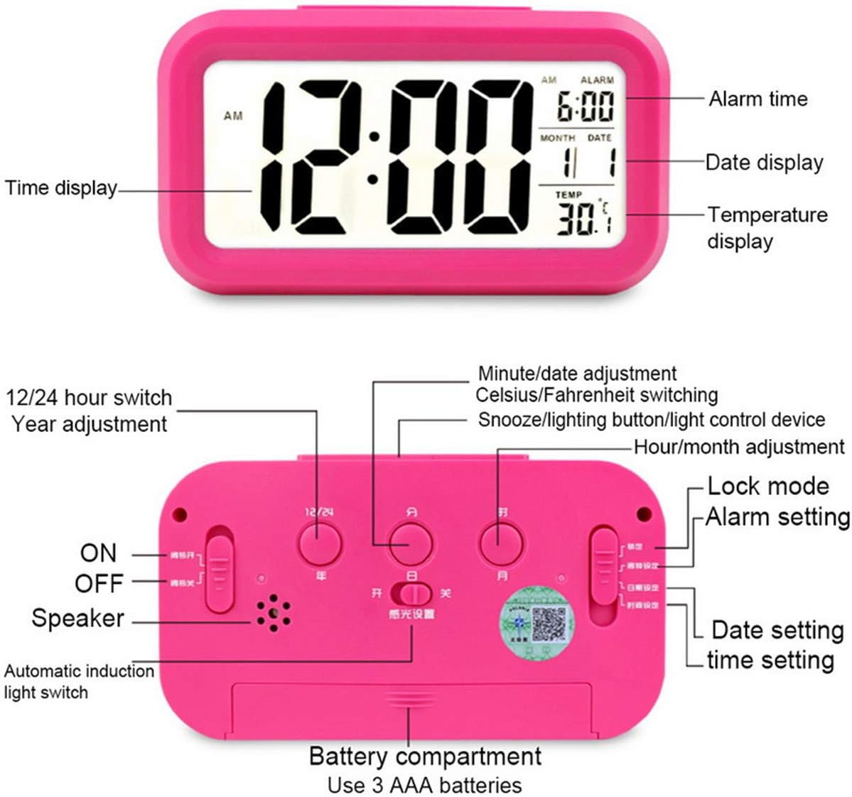 TXY LED Digital Alarm Clock Backlight Snooze Mute Calendar Desktop Electronic Bcaklight Table Clocks Desktop Clock (Pink)