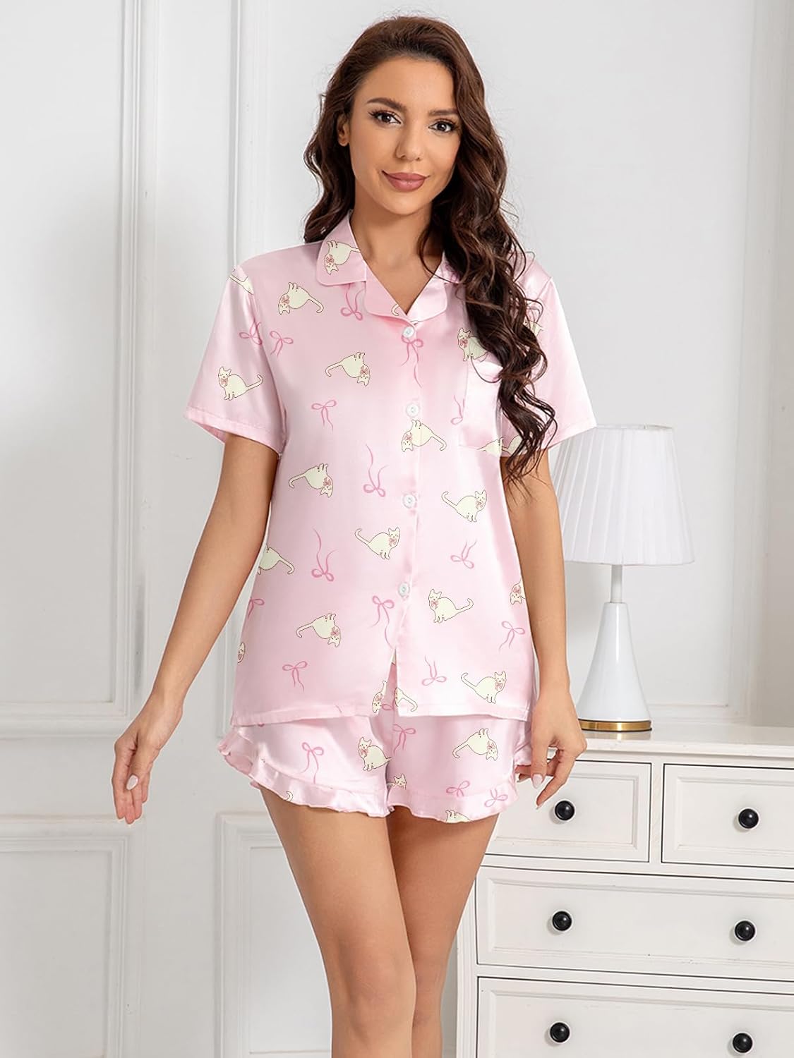 Umeyda Girls & Women Satin Pajamas Set Button Down 2 Piece Silk Pjs Shorts Set Ruffle Sleepwear, 5 Years-Women L