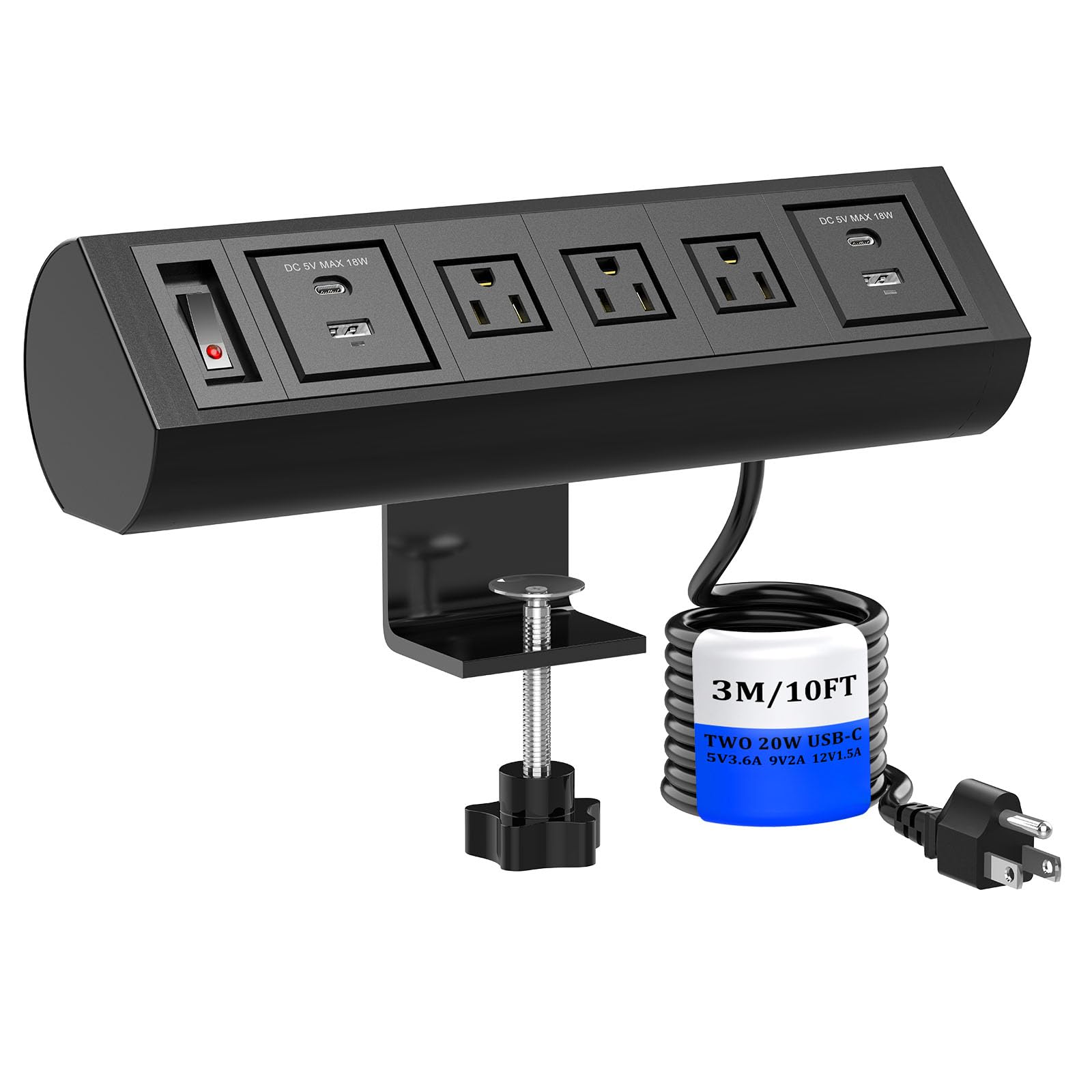 Desk Clamp Power Strip with Total 40W USB C, Wide Spaced Power Strip with 3 AC Outlets, 2 QC 18W USB-A Ports, Desk Outlets with On and Off Switch Overload Protection 10FT Cords, Black
