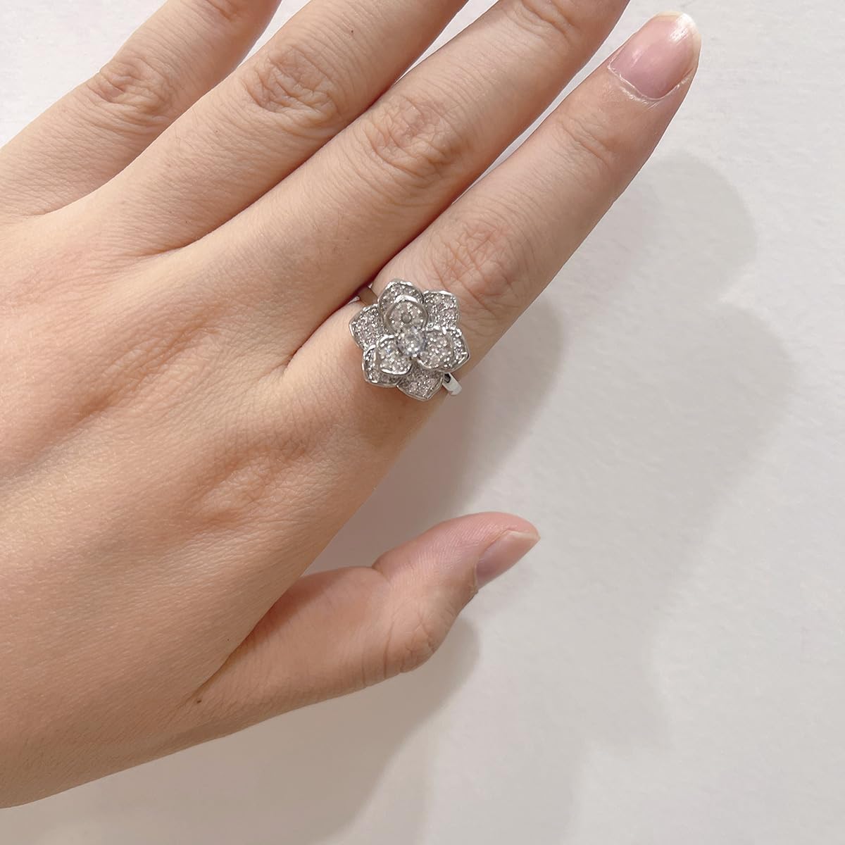 Crystal Rose Flower Spinner Fidget Open Statement Ring for Women CZ Floral Rotated Relief Anxiety Stacking Finger Rings Wedding Engagement Promise Bands Dainty Birthday Jewelry for Adjustable
