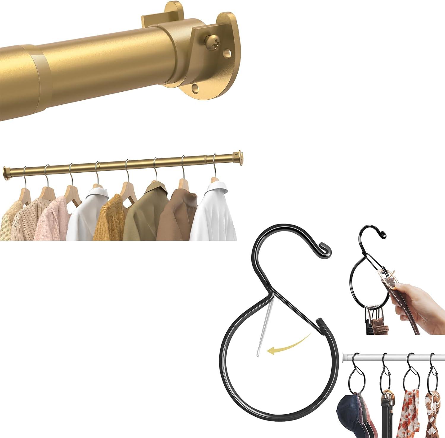 17 to 69 Inches Stepless Adjustable Metal Closet Rod, Golden, 4 Pack Belt Hanger, Belt Hanger for Closet, Waterproof Belt Organizer for Closet