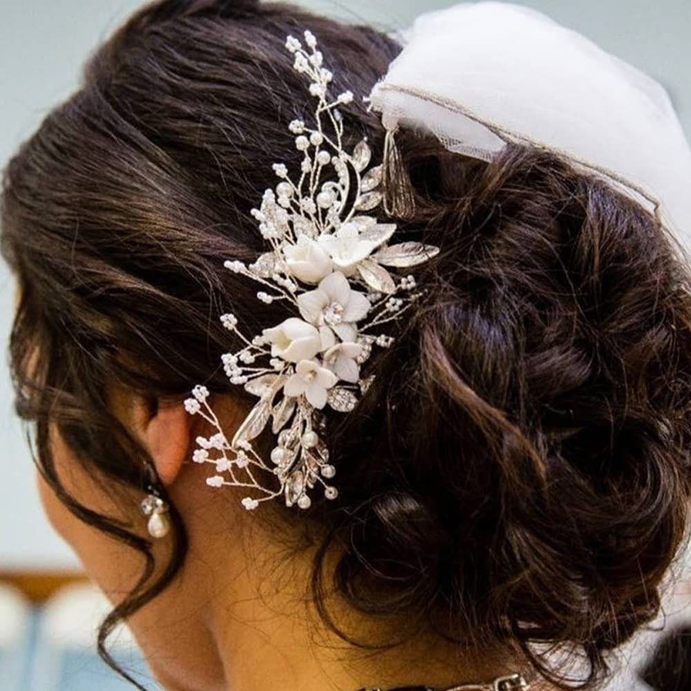 Handmade Wedding Hair Clip Comb Silver Plated Rhinestone Bridal Hair Piece Amazon.com : Handmade Silver Bridal Hair Comb Clip Flower  main image 3