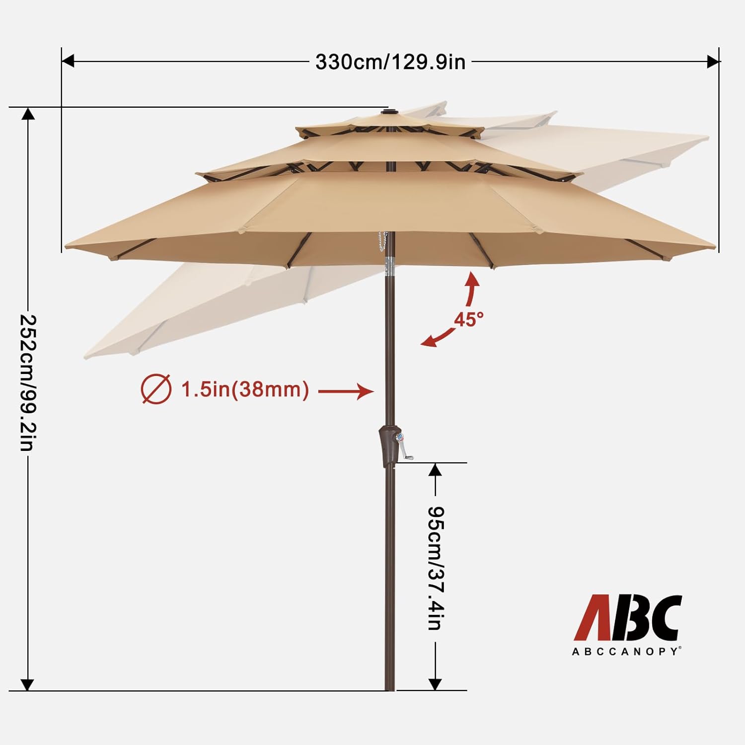 ABCCANOPY 11Ft 3 Tiers Market Umbrella, Outdoor Table Umbrella for Patio, Deck, Backyard (Khaki) - Image 2