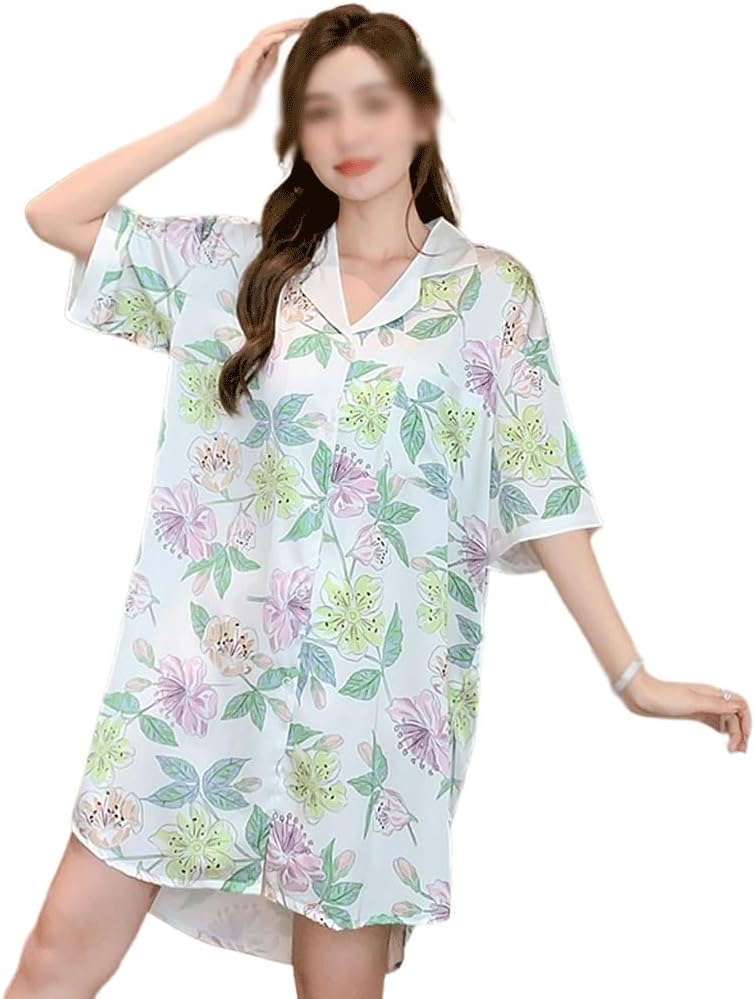 JSEIAJB Ice Silk Women Floral Short-Sleeved Home Wear Thin Loose Shirt Ice Silk Nightdress