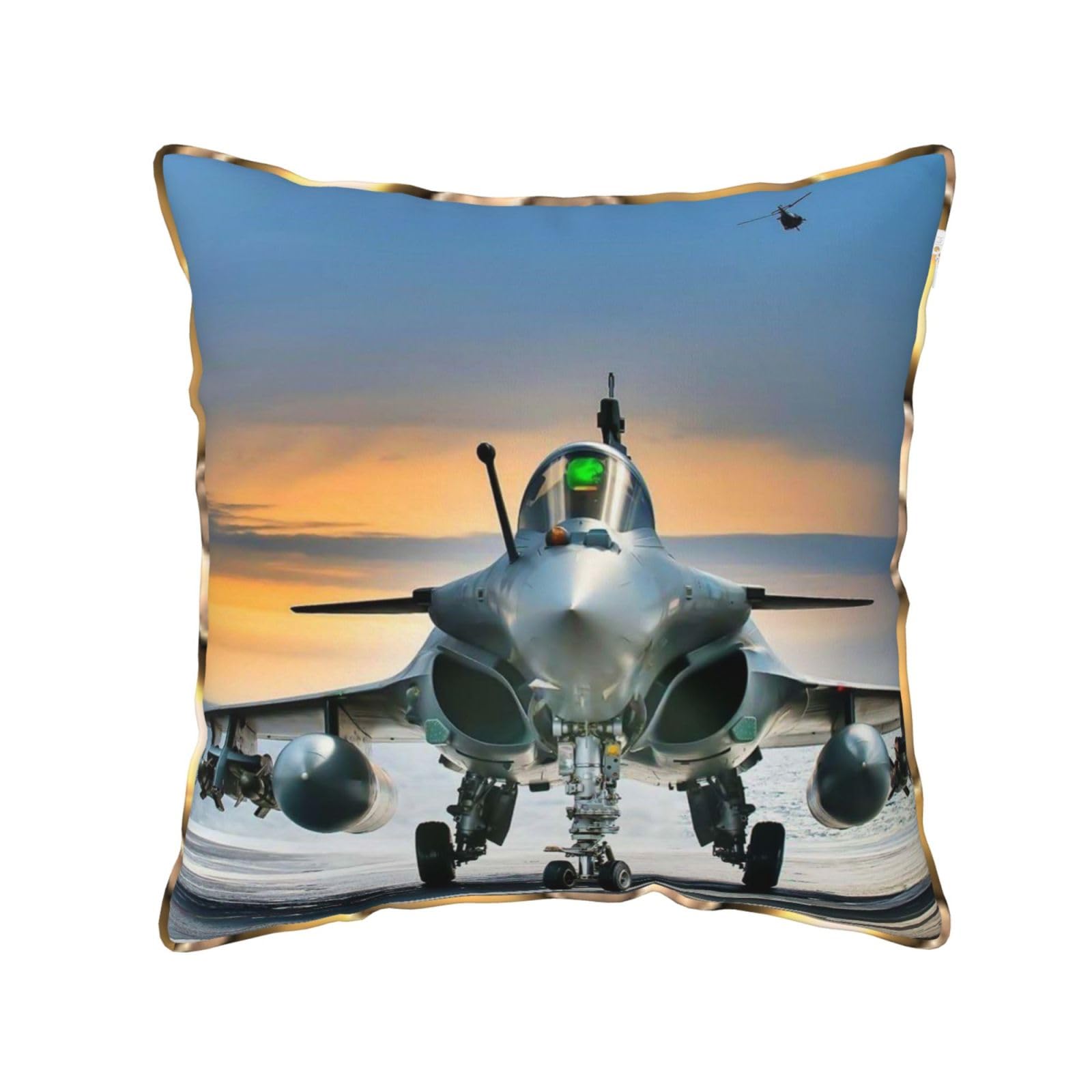 AUBKFELD Airplane Printed Velvet Cushion Cover 45x45 CM with Gold Edging Strip, Square Pillowcase Soft Throw Pillow Covers Case Decorative for Living Room Sofa Couch Bed Bench