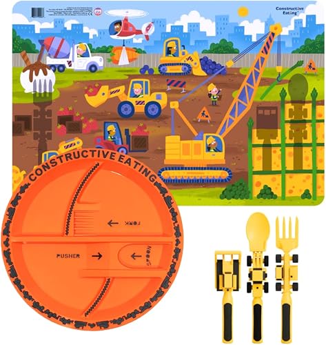 Set of 3 Construction Utensils, Construction Plate and Construction Worksite Placemat