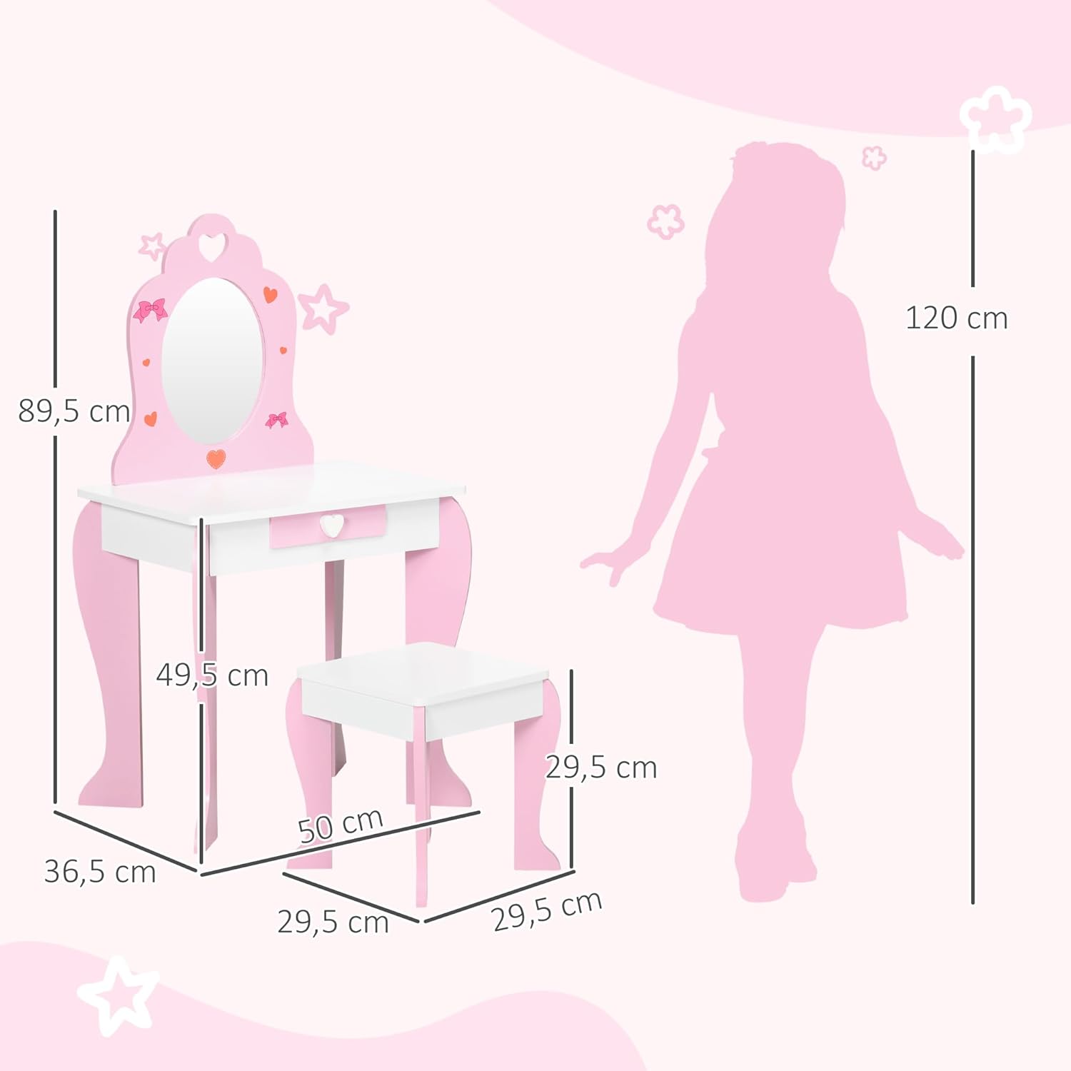Diagram showing the dimensions of the dressing table and stool in centimeters, including height, width, and depth measurements.