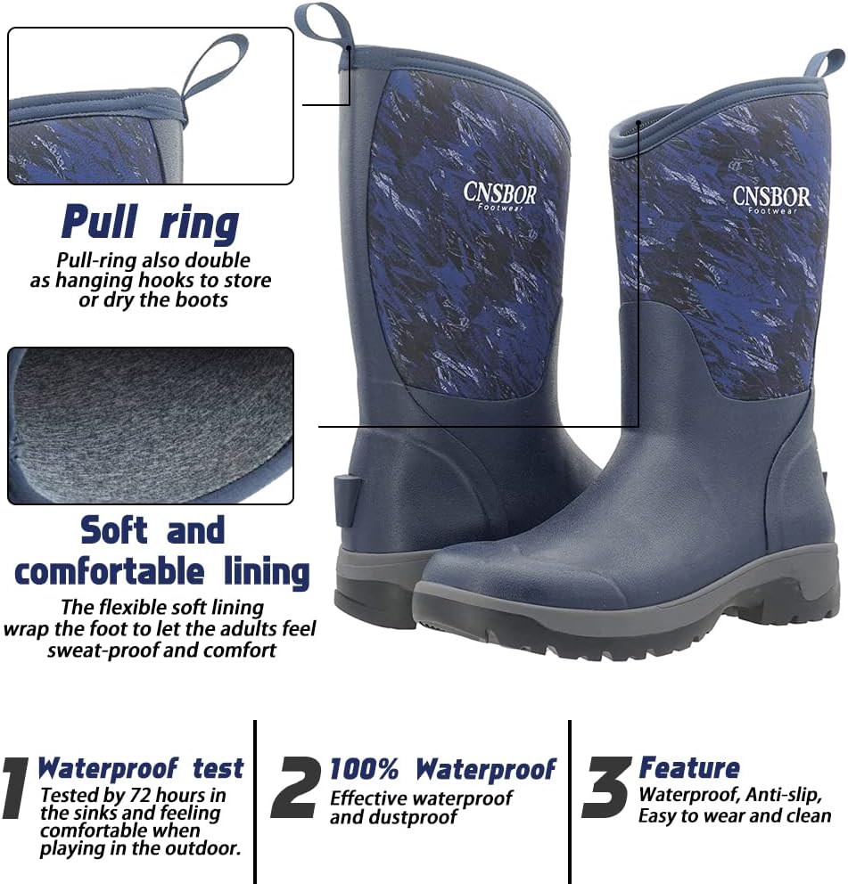 CNSBOR Men's Rain Boots - Waterproof Rubber Insulated Boots for Fishing, Agriculture & Industrial Working