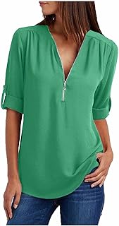 Blusa de gasa para mujer, camiseta de manga larga, media cremallera, cuello en V, lisa, larga y cómoda, color verde menta, 4XL, verde menta, 4XL