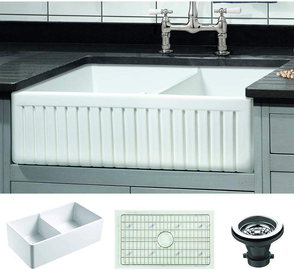 Empire Industries SP33DG Sutton Place Farmhouse Fireclay with Grid and Strainer Kitchen Sink, 33", White