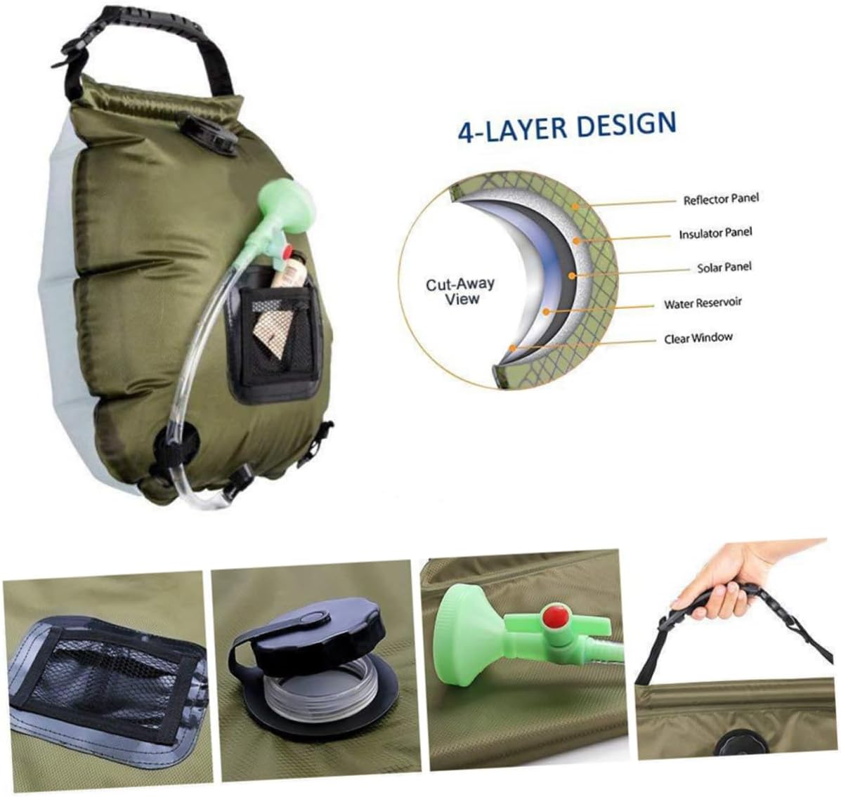 SUPVOX Portable Solar Shower Bag Nozzle for Outdoor Camping and Hiking Easy Use Outdoor Water Storage Olive Green