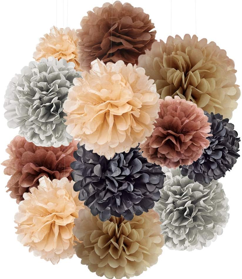 Black and Gold Party Decorations, Rainbow Rustic Tissue Paper Flower Pom Pom Set Hanging Décor for Hennessy Party Supplies, Retirement, Happy Birthday, Home Wall Decoration (12 Pack)