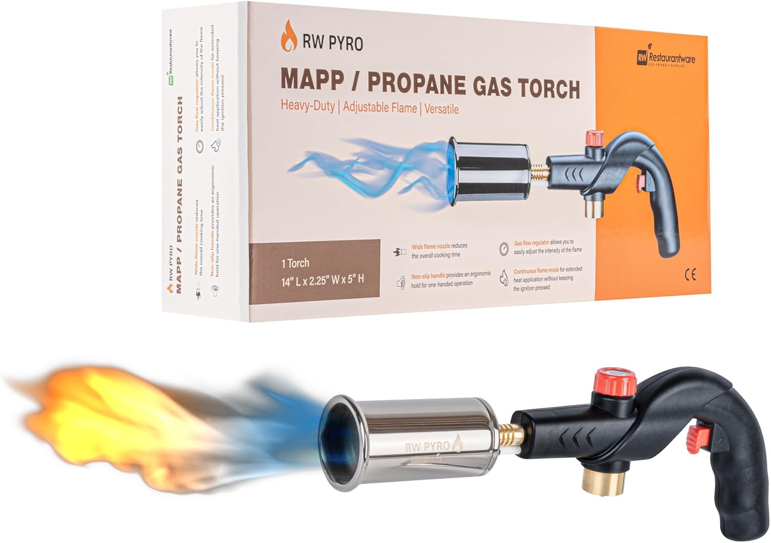 Restaurantware-RW Pyro MAPP Propane Torch Gun, 1 Refillable Cooking Blow Torch - Propane Gas Tank Not Included, Adjustable Flame, Black, For Searing Meat, Steak, Sous Vide And More