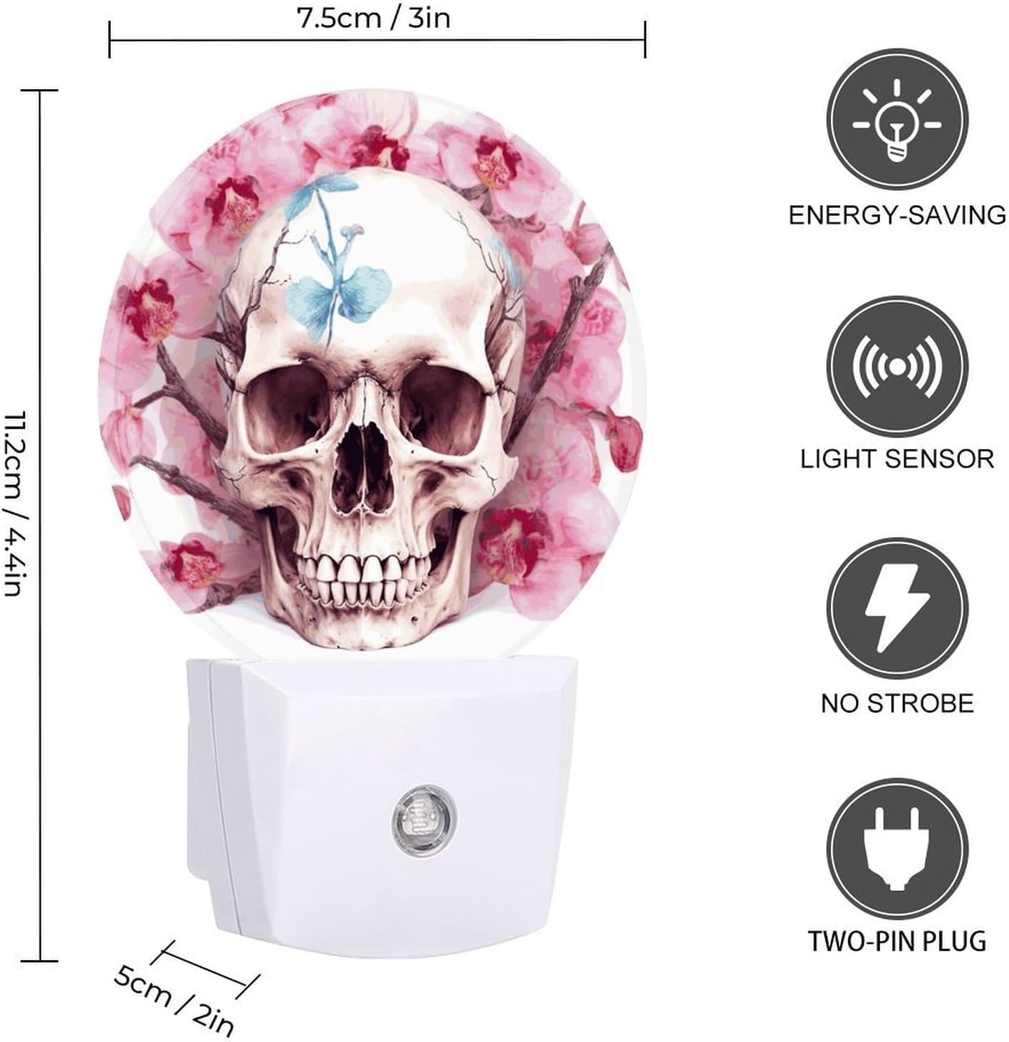 Human Skull Pink Flowers Plug-in LED NightLight Wall Night Light Smart Autodusk to Dawn Night Lights Plug Into Wall White Energy Efficient Nightlights for Bathroom,Kitchen,Stairs,Hallway image 2