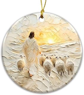 Jesus Leads Lost Lambs Ornament 2025 - Christianity Good Shepherd - Christian Christmas Ornament for Tree - Religious Gifts for Women & Men - Christian Religious Ceramic Ornament