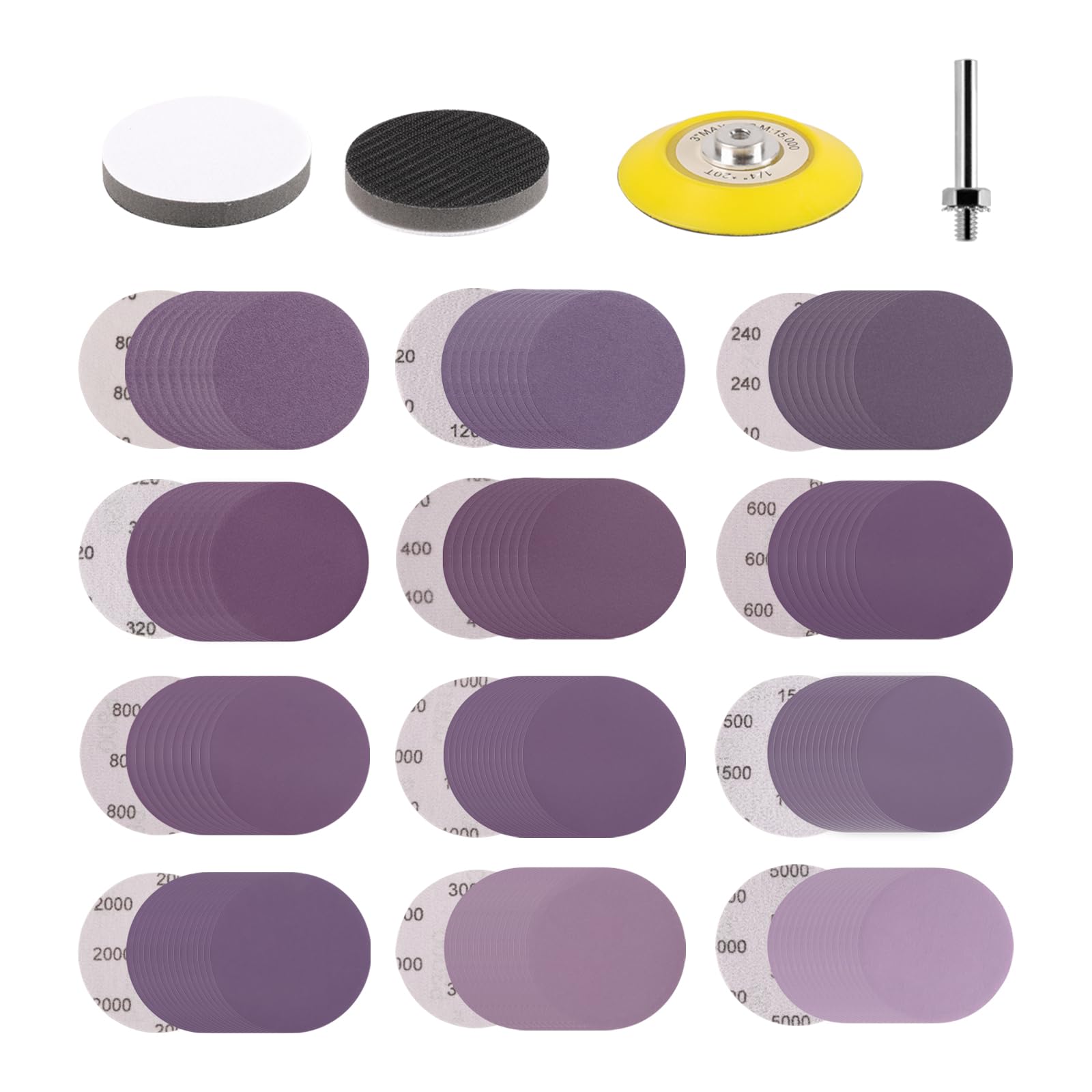 POLIWELL148Pcs 3 Inch Sanding Discs Hook and Loop, Purple Alumina Abrasive Sandpaper (80-5000 Girt) with 1/4” Backing Pad and Soft Interface Pad for Wood, Metal, Drywall, Polishing, Grinding