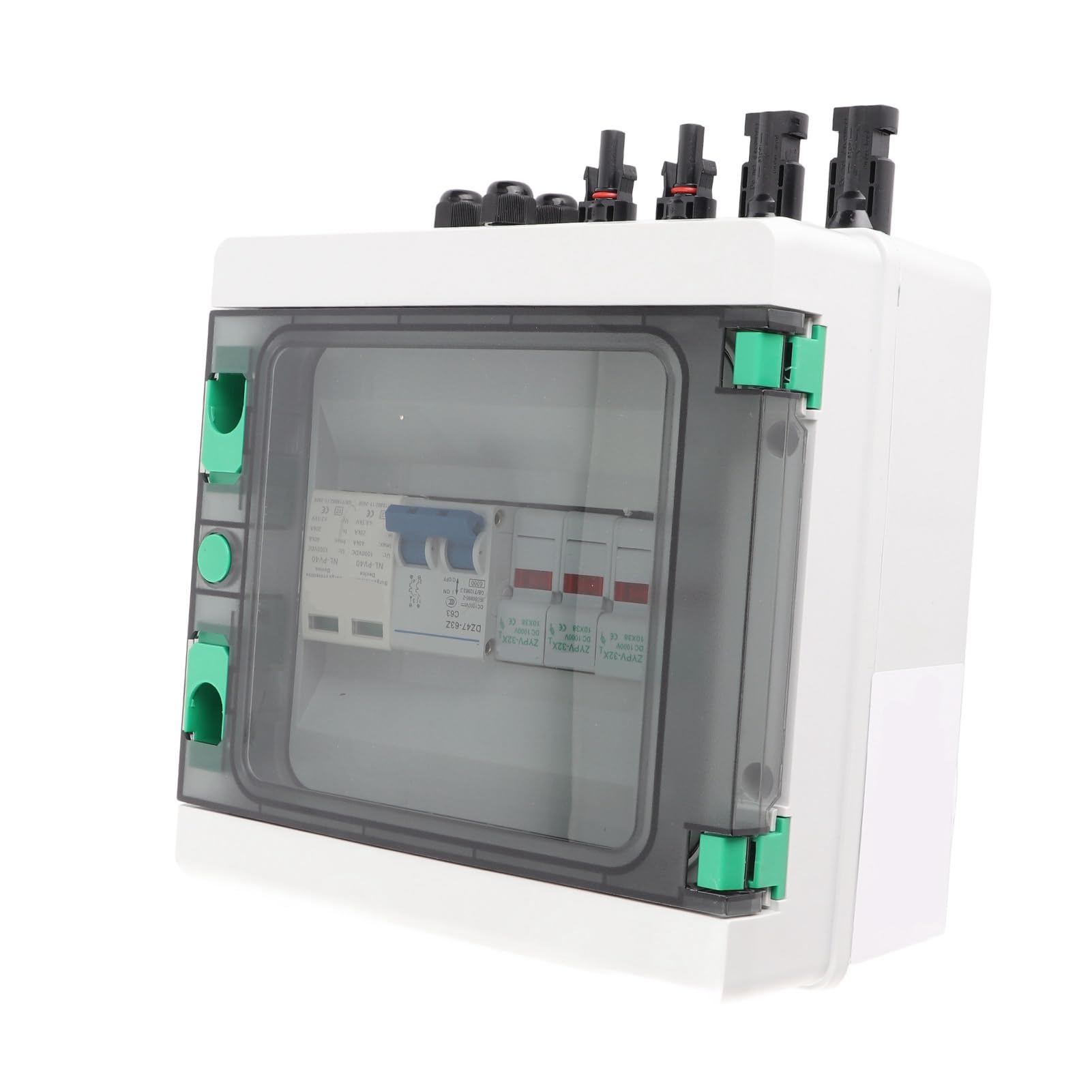 FTVOGUE Scatola Combinatrice Fotovoltaica, Scatola di Giunzione Solare in Policarbonato ABS 2 Ingressi Stringa 1 Uscita DC1000V IP65 con Fusibili 15A Interruttore 63A per Sistemi di Energia Solare