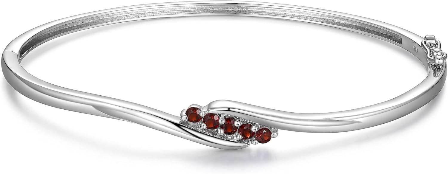 MORGAN & PAIGE .925 Sterling Silver Rhodium Plated Gemstone 5-Stone Diagonal Bypass Bangle Bracelets for Women - Choice of Birthstone Elegant and Sleek Bangle Silver Bracelets for Women, 7 inches