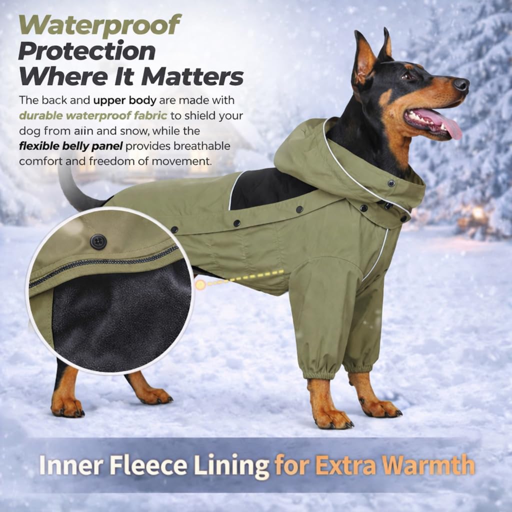 LOVELONGLONG Fleece-Lined Dog Raincoat with Removable Hood – Waterproof Winter Full Body Dog Jacket – Windproof Snowproof Cold-Weather Suit – Green-F 4XL
