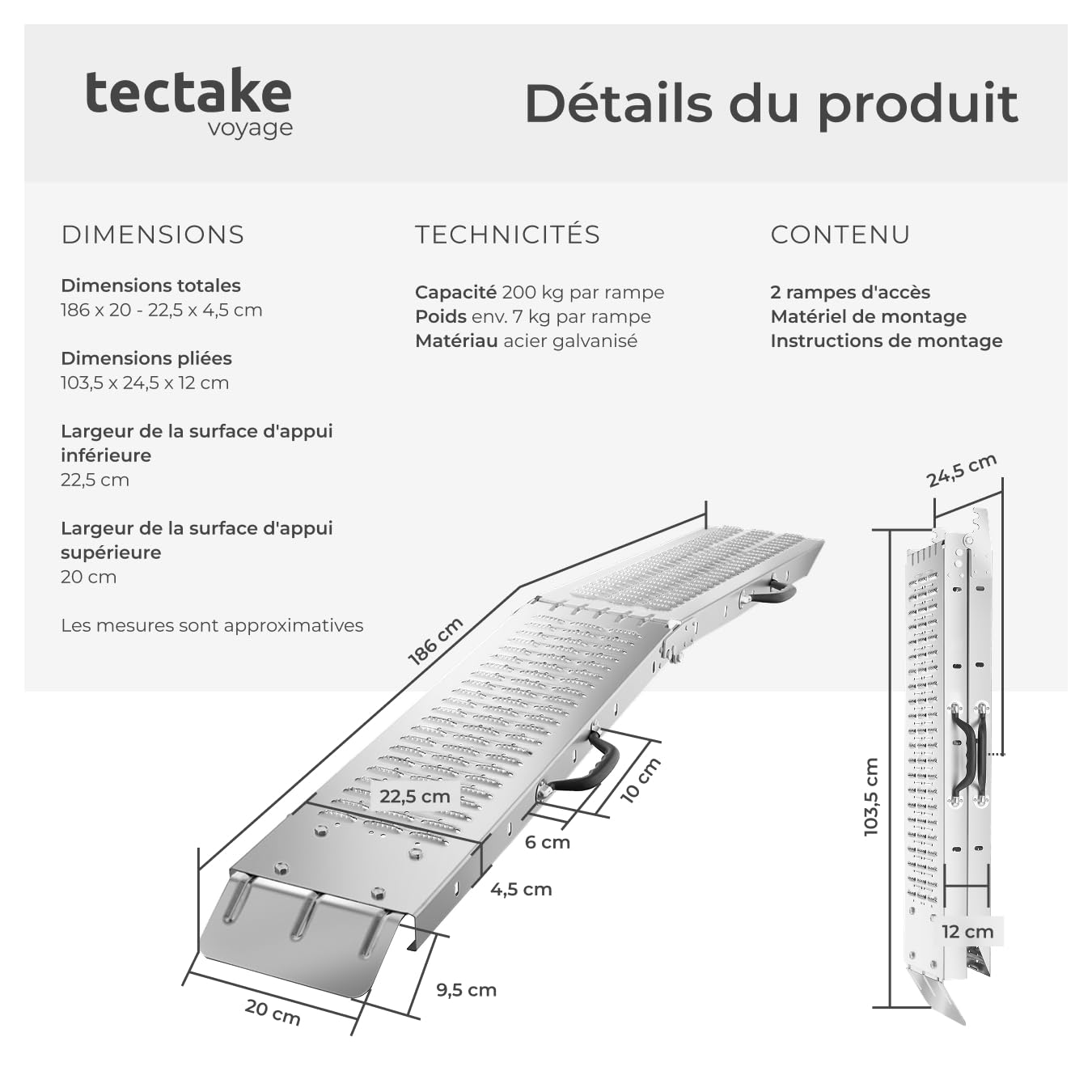 Lot De 2 Rampes De Chargement Pliables BELKO - 180x23 Cm - Charge 400 Kg - Acier Galvanisé Antidérapant - Pour Voiture, Moto, Quad