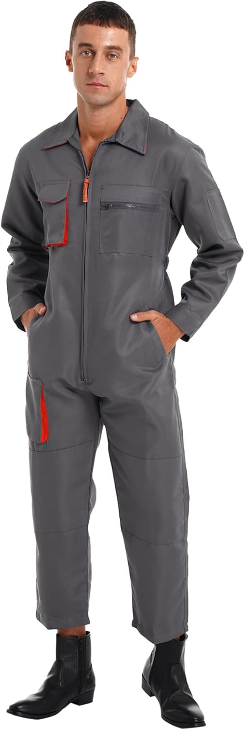 Men's Long Sleeve Zip-Front Coverall Lightweight Work Coverall Jumpsuit Mechanics Boilersuit Garage Work Uniform