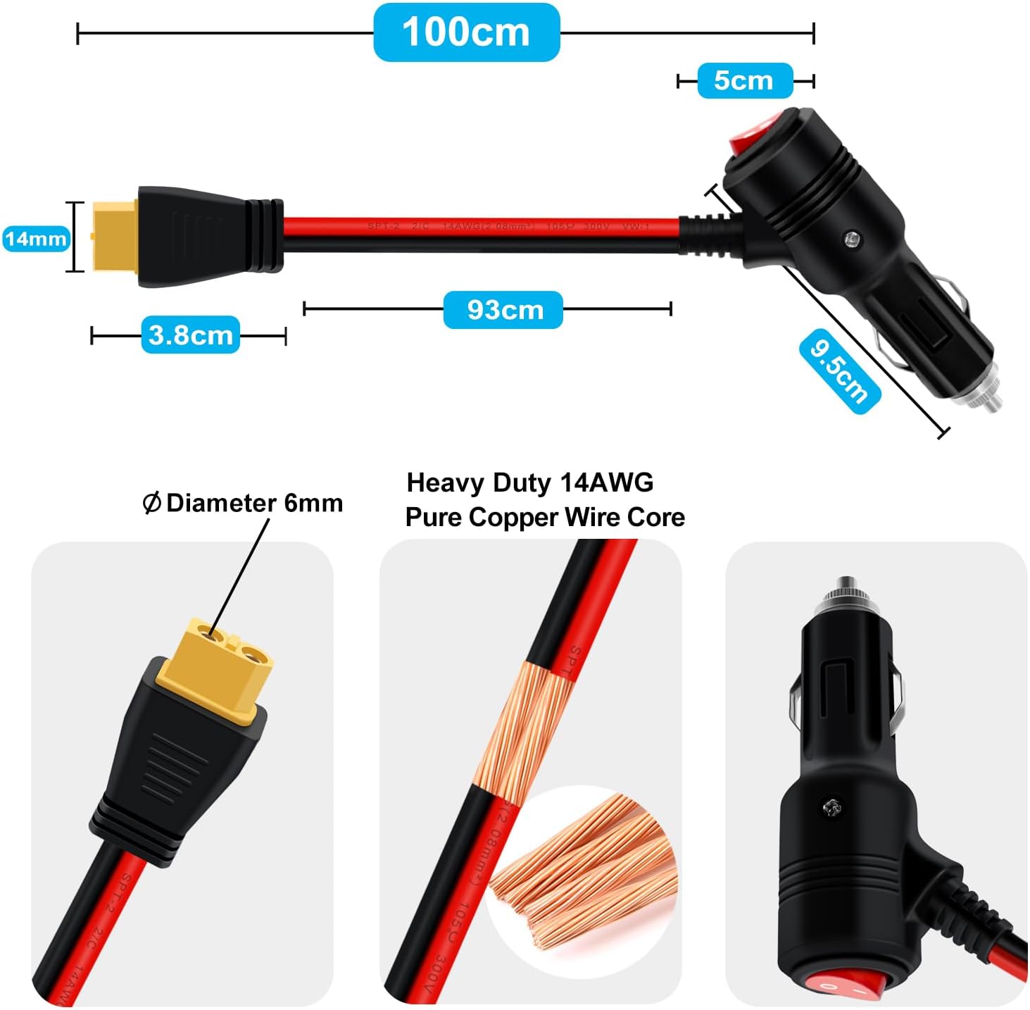 XT60 to Cigarette Plug with Switch 12V 24V Cigarette Lighter to XT60 Cable 14AWG 20A with LED Indicator Lights 2 Spare Fuses for Car, Solar, Motorcycle (3.2FT / 1m)