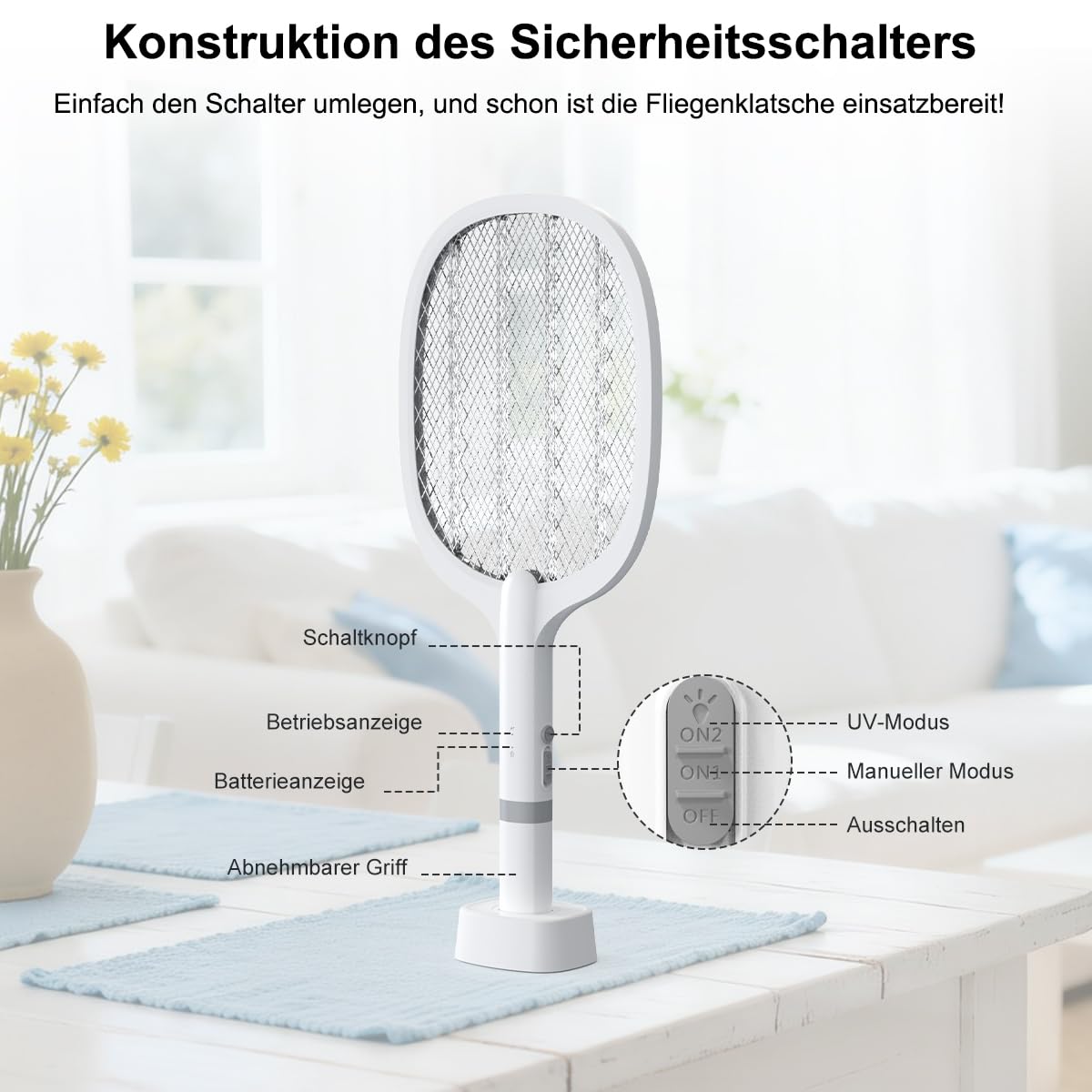 Raquette Electrique Insectes 5000V 2000mAh Anti Moustique UV USB-C Rechargeable 2 en 1 Intérieur Extérieur