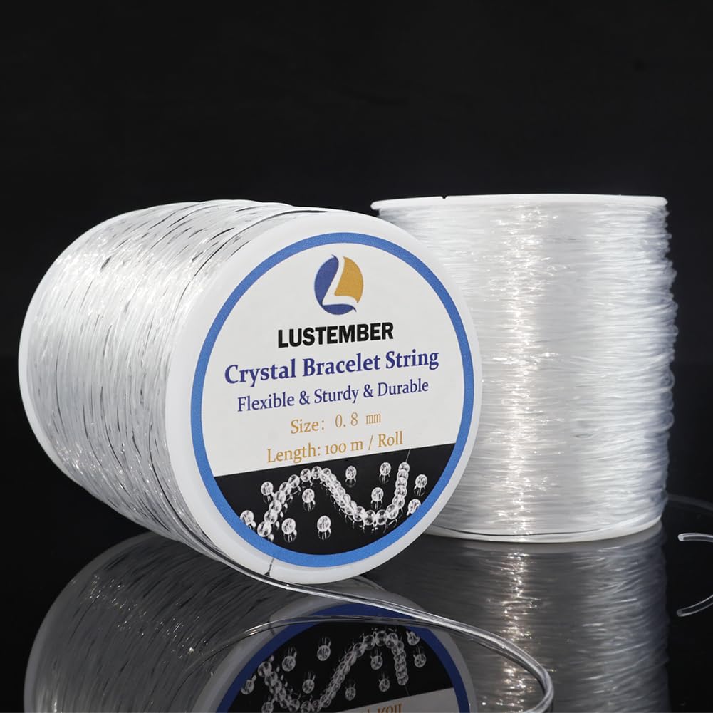 LUSTEMBER 0.8 mm Stretchy Bracelet String, 2 Rolls Durable Elastic String, Clear Bead Cord for Bracelets, Necklaces, Beading, and Jewelry Making (200 m)