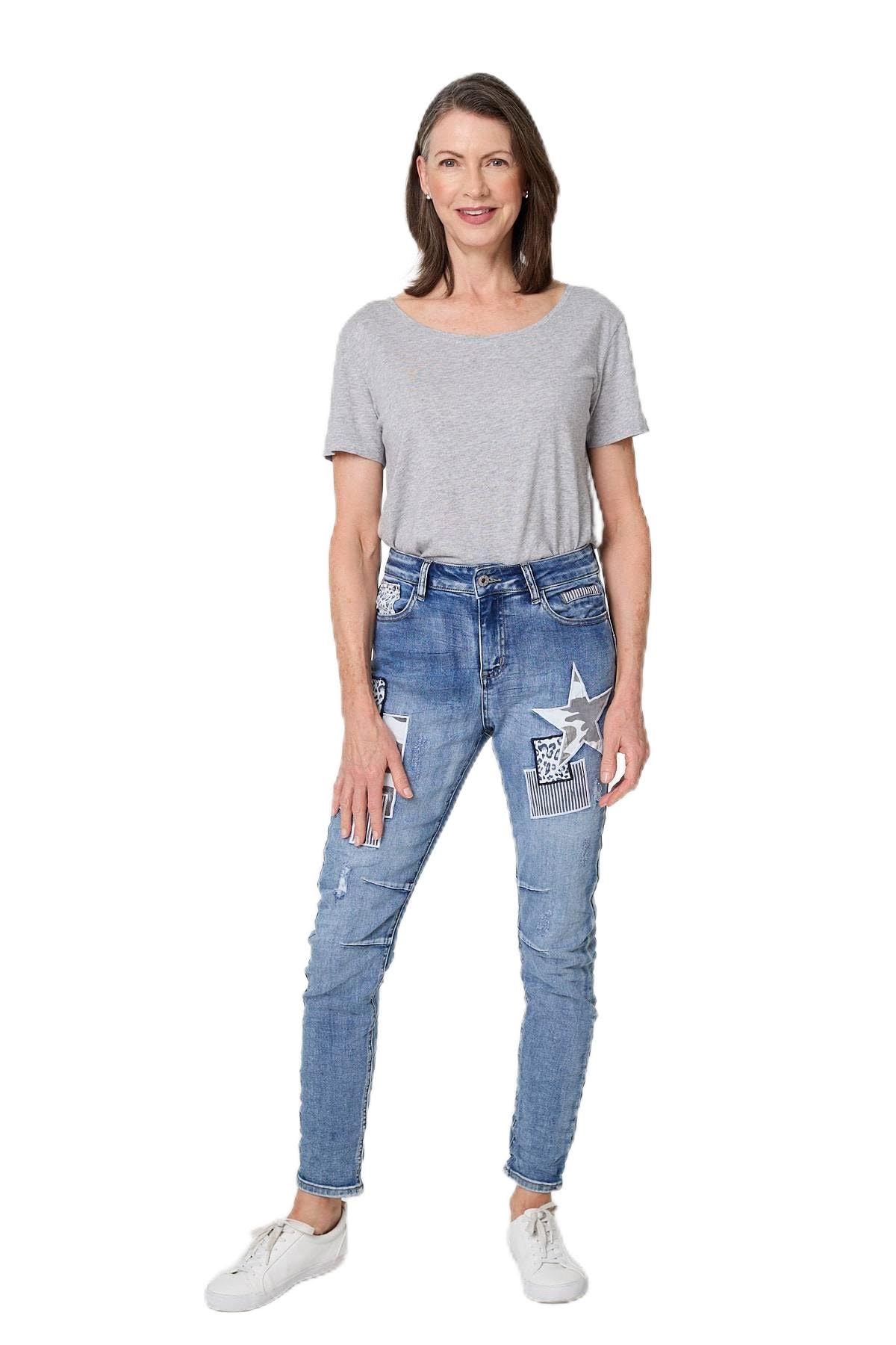 Izabel London Blue Star Patchwork Detail Skinny Jeans - 14