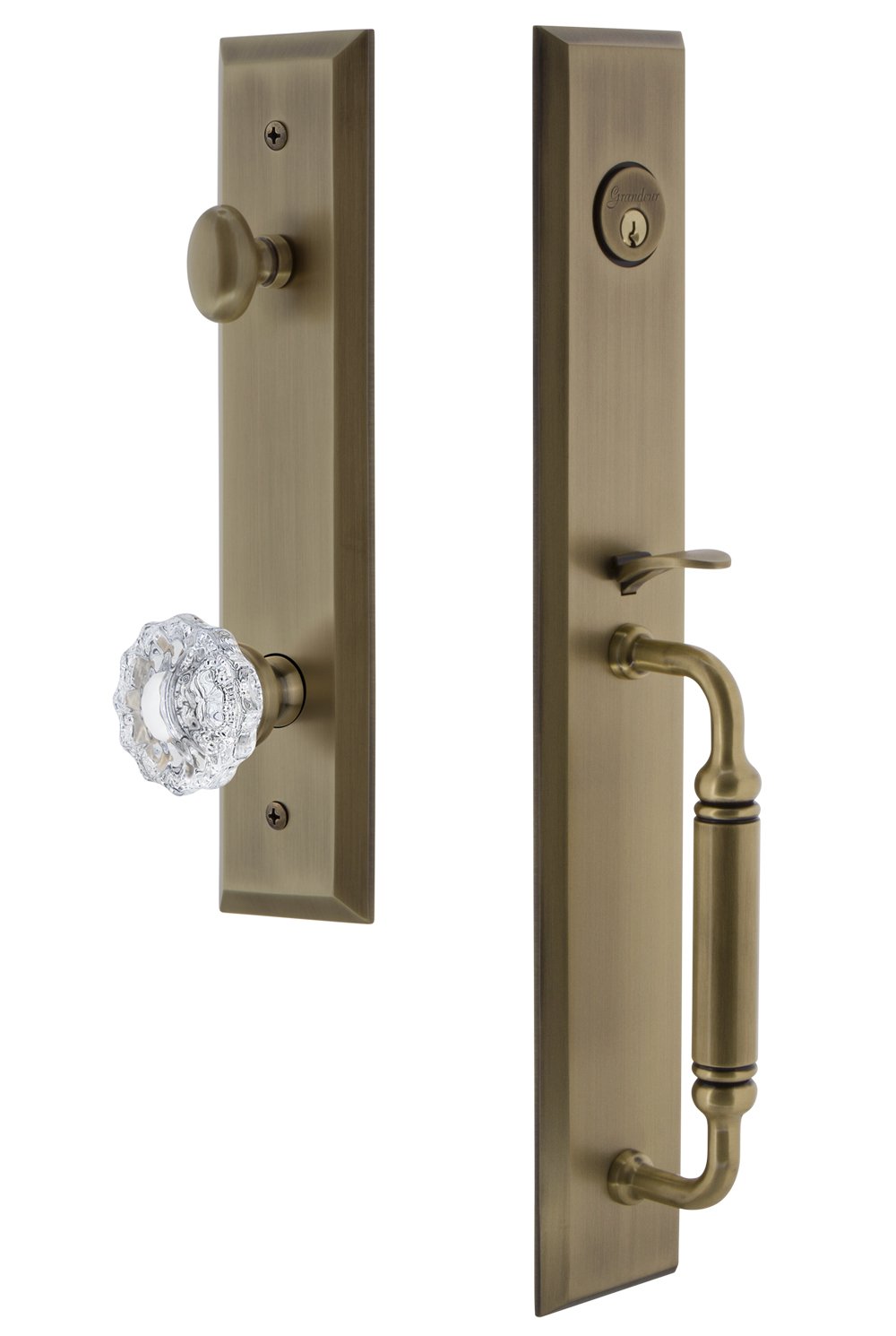 Grandeur 842834 Hardware Fifth Avenue One-Piece Handleset with C Grip and Versailles Knob, Backset Size-2.375", Vintage Brass