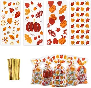 100 Pieces Thanksgiving Fall Cellophane Bags, Maple Leaves Pumpkin Printed Clear Treat Bags, 4 Design Goodie Candy Cello Bag with Twist Ties for Thanksgiving Favor Autumn Theme Party Supplies