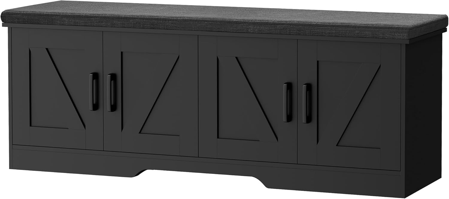2-Tier Storage Bench, 47.2" Wide Shoe Bench with Padded Seat Cushion, Entryway Bench with 4 Barn Doors and Adjustable Shelf, Black 47.2" Wide Black