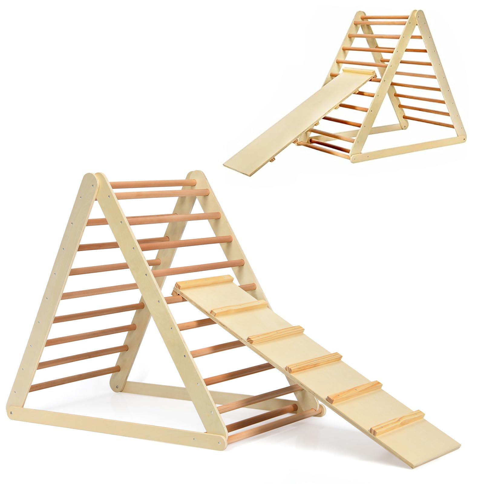 HOMFME 2 in 1 Kids Climbing Frame, Children Wooden Montessori Climber Triangle Set with Reversible Ramp, Indoor Toddler Climbing Toys Ladder for Boys Girls (Natural)