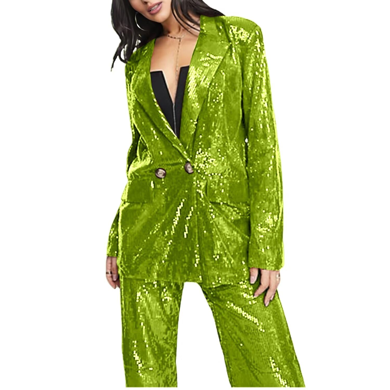 Womens 2 Piece Sequin Suit Double Breasted Casual Blazer Jacket and Pant for Prom Dinner Party