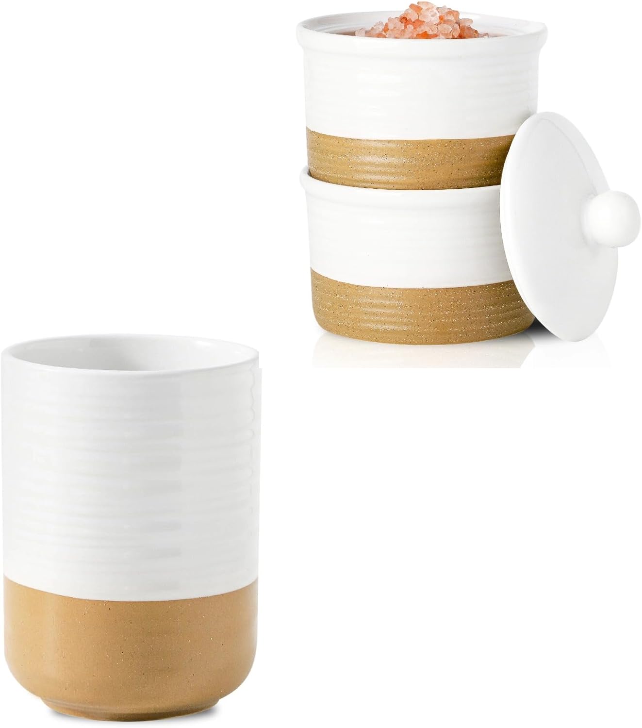 Hasense Utensil Holder & Salt Cellar Set, White Ceramic Kitchen Decor